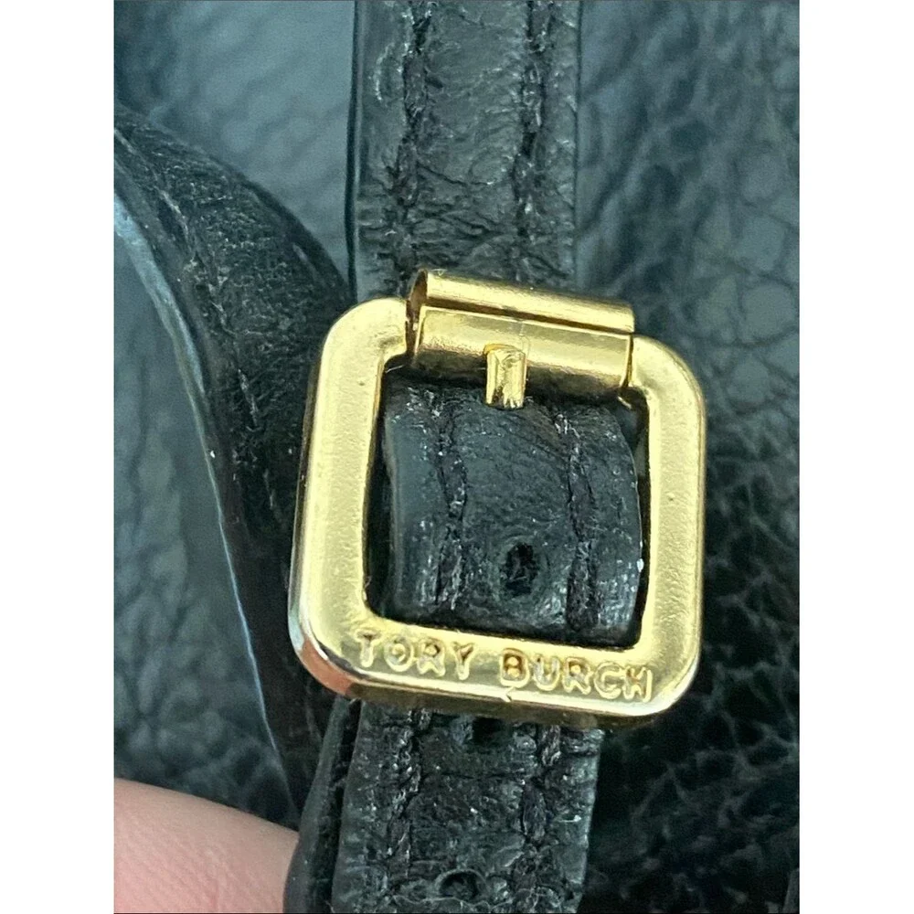 Tory Burch Mira sandals black tumbled leather signature Gold Logo Medallion 9.5